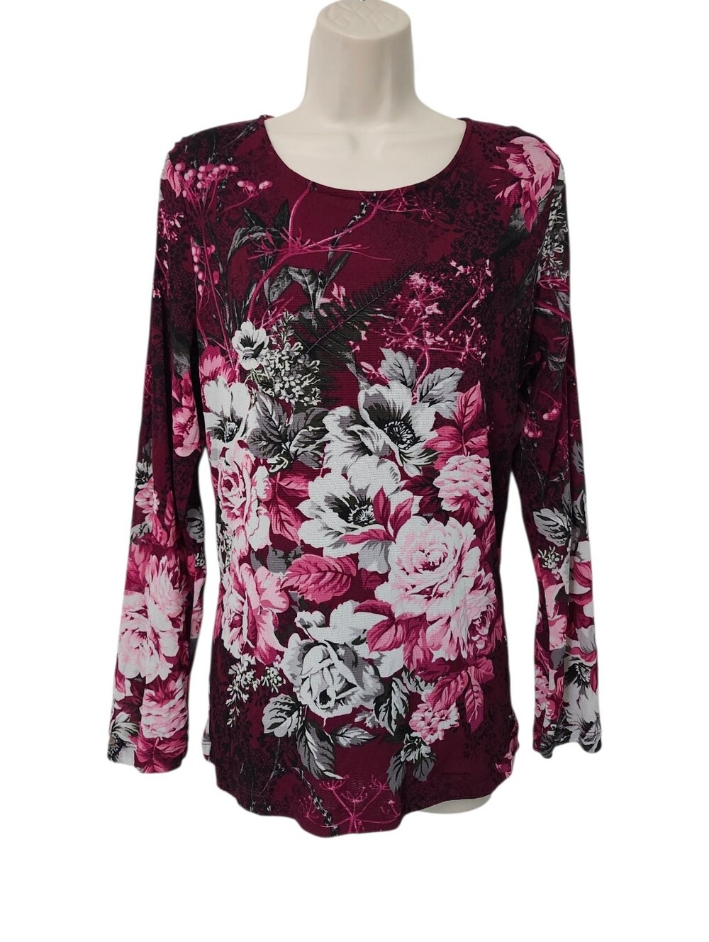 Reflections Floral Long-Sleeve Top in Burgundy and Pink size XL - Picture 3 of 11